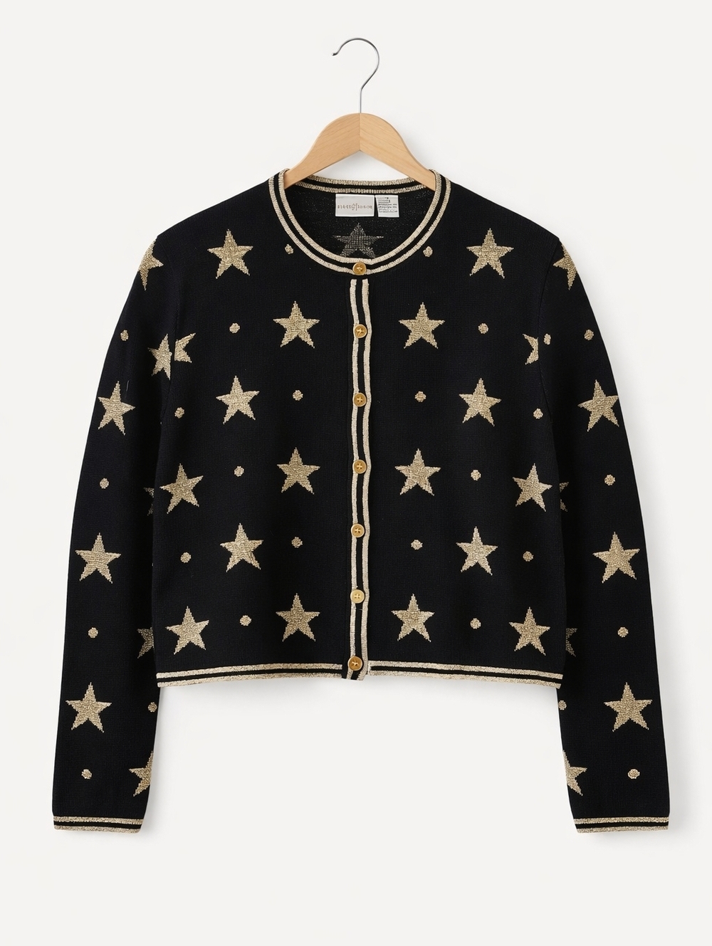 First Issue Chic Celestial Star Black Metallic Gold Button Front Knit Cardigan